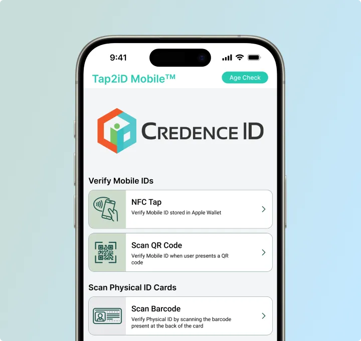 Tap2iD Mobile app interface showing NFC Tap, Scan QR Code, and Scan Barcode options for age verification